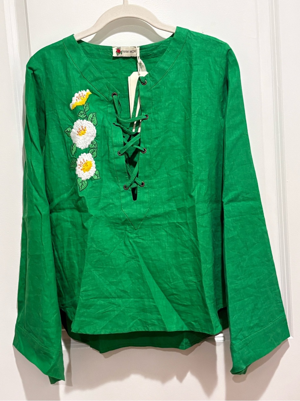 Fanm Mon Emerald Green Lace-Up Tunic with Floral Embroidery